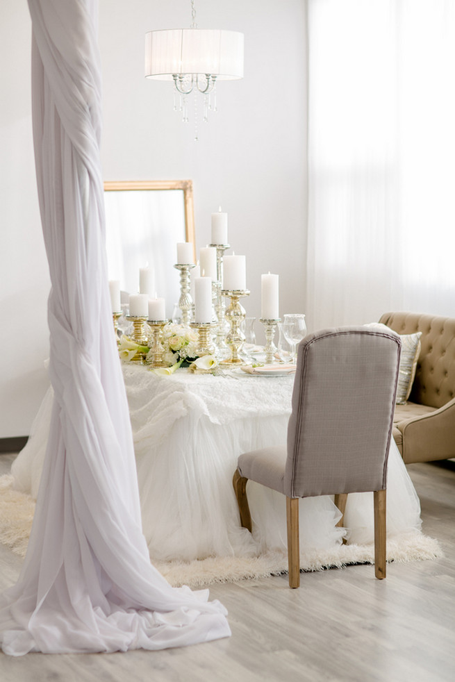 Super chic sweetheart table! White on White Glamorous Wedding Ideas by ENV Photography. Styled by Elegant Touches and Atmosphere Weddings