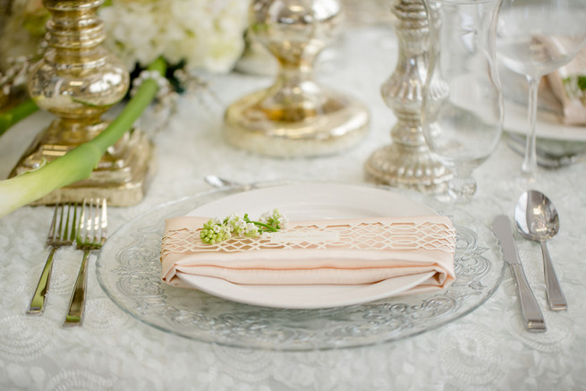 Elegant place setting. White on White Glamorous Wedding Ideas by ENV Photography. Styled by Elegant Touches and Atmosphere Weddings