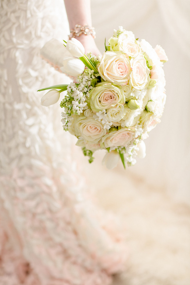 Cream rose winter wedding bouquet with touches of pale blush. White on White Glamorous Wedding Ideas by ENV Photography.