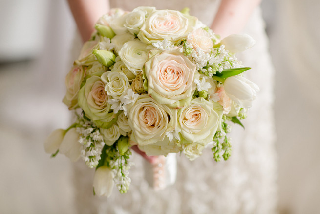 Cream rose winter wedding bouquet with touches of pale blush. White on White Glamorous Wedding Ideas by ENV Photography.