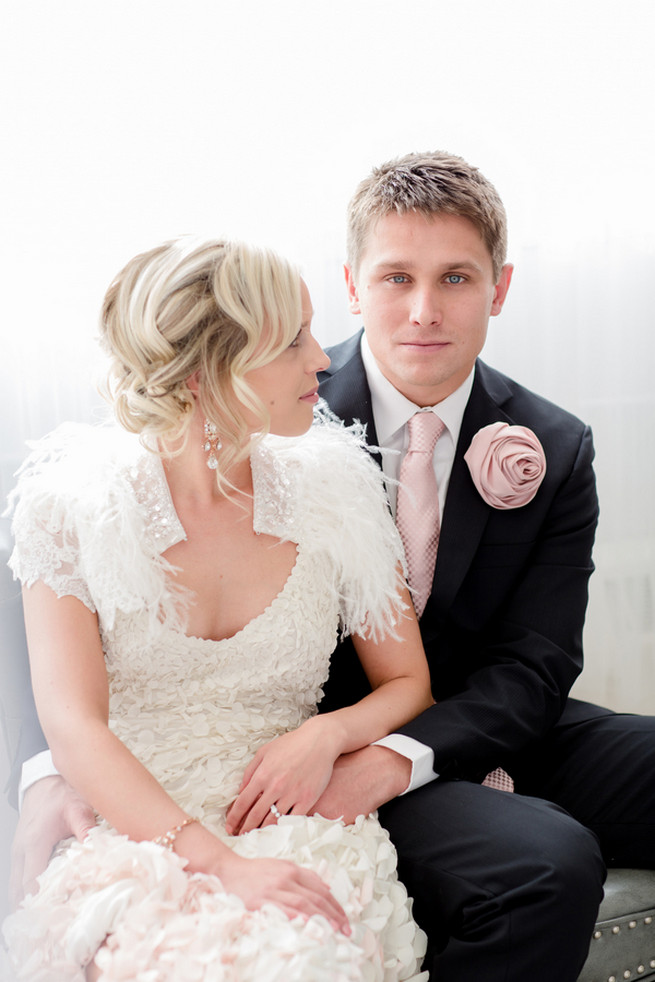 Elegant bridal upstyle with soft curls. White on White Glamorous Wedding Ideas by ENV Photography 