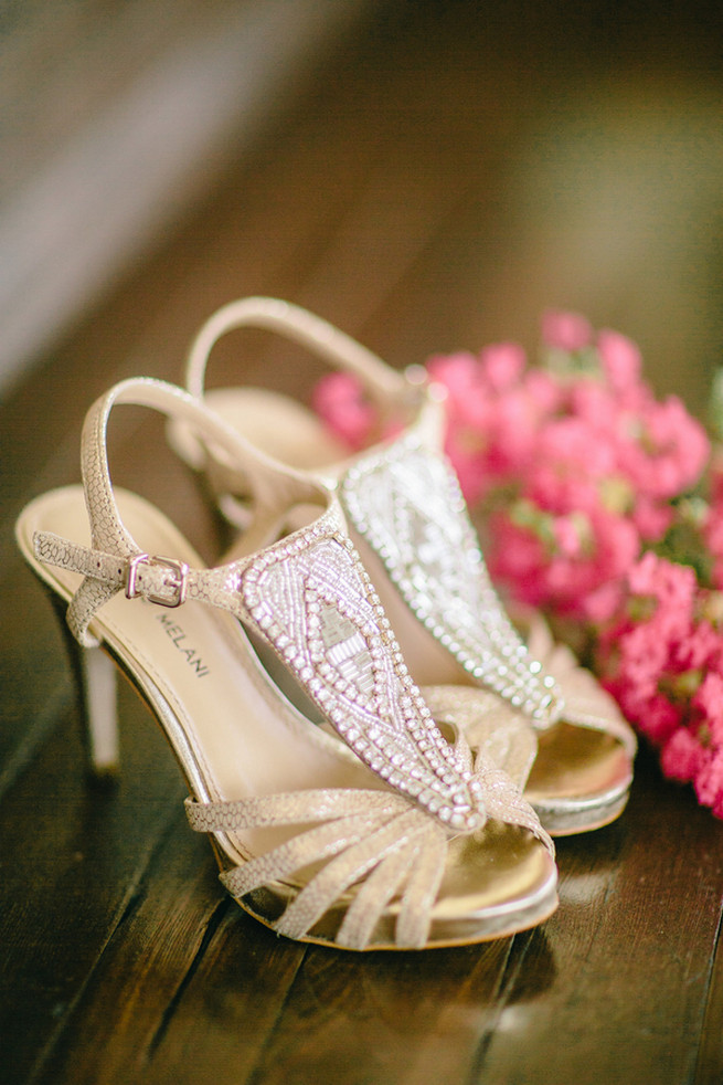 Sparkly neutral wedding shoes. Cute Coral Gray wedding at Briscoe Manor, Houston, by Luke and Cat Photography