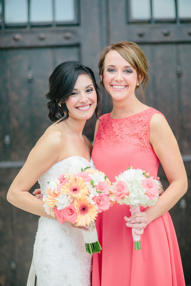 Peach Gerbera, Pink roses, White Hydrangea and white chrysanthemum bouquets. Cute Coral Gray wedding at Briscoe Manor, Houston, by Luke and Cat Photography