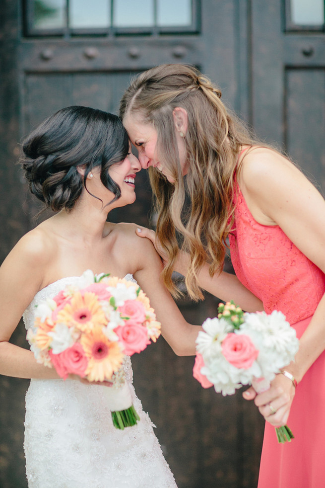 Peach Gerbera, Pink roses, White Hydrangea and white chrysanthemum bouquets. Cute Coral Gray wedding at Briscoe Manor, Houston, by Luke and Cat Photography