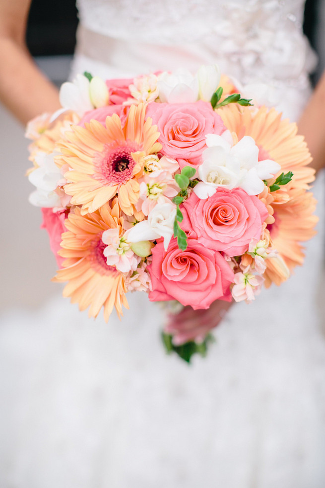 Peach Gerbera, Pink roses, White Hydrangea and white chrysanthemum bouquets. Cute Coral Gray wedding at Briscoe Manor, Houston, by Luke and Cat Photography