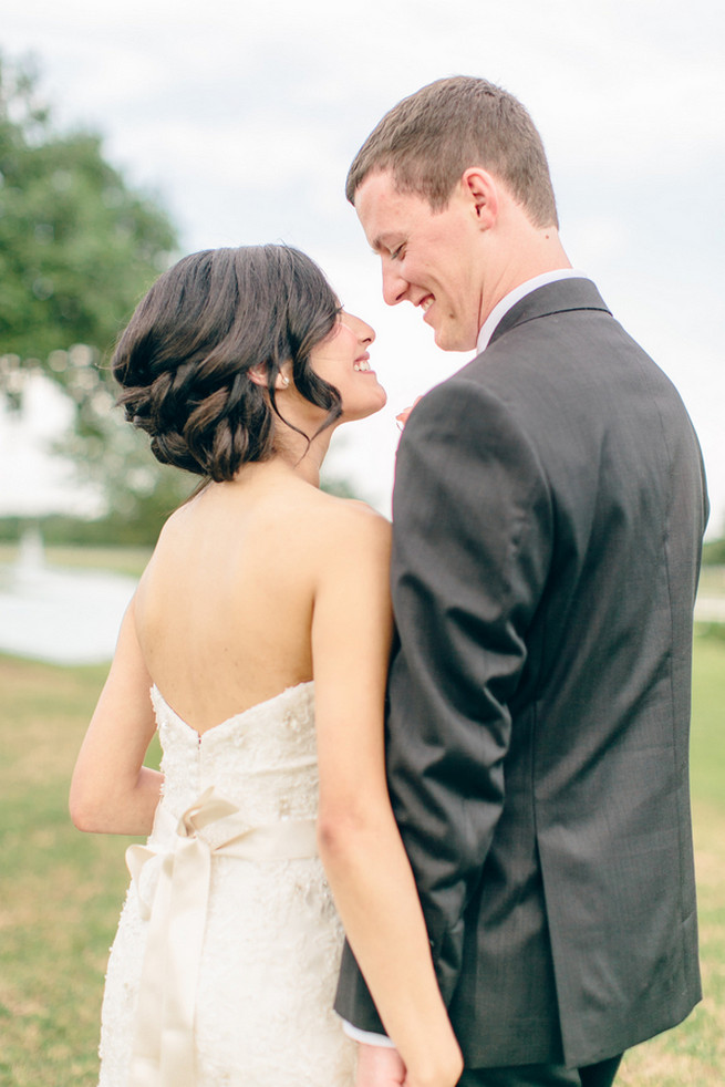 Elegant bridal chignon. Cute Coral Gray wedding at Briscoe Manor, Houston, by Luke and Cat Photography