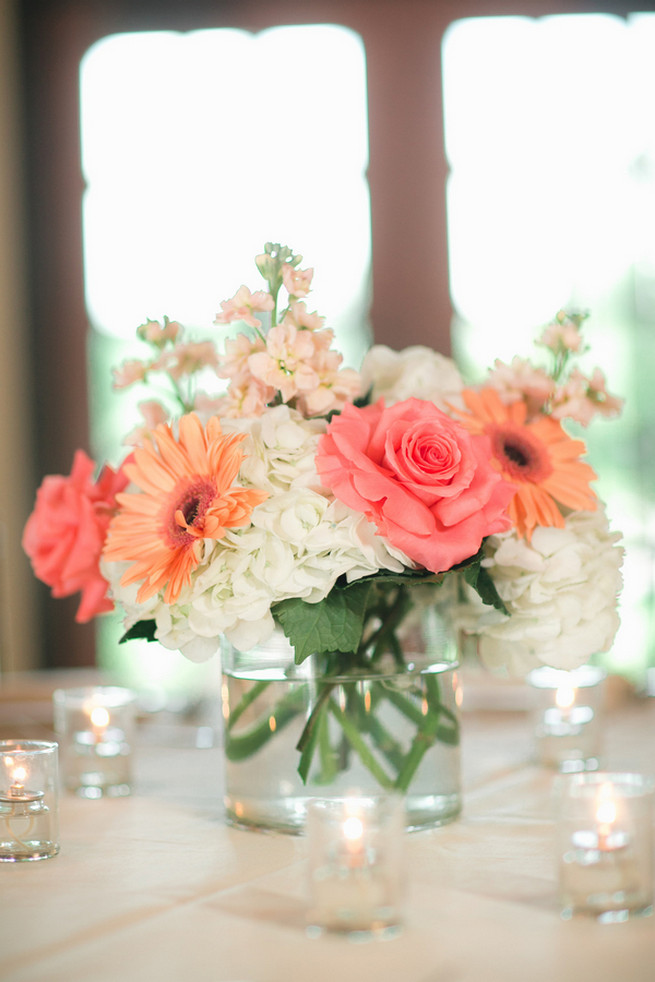 Simple but elegant. White hydrangea, coral roses and peach gerbera. Cute Coral Gray wedding at Briscoe Manor, Houston, by Luke and Cat Photography