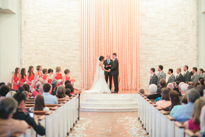 Diy ribbon ceremony backdrop. Cute Coral Gray wedding at Briscoe Manor, Houston, by Luke and Cat Photography