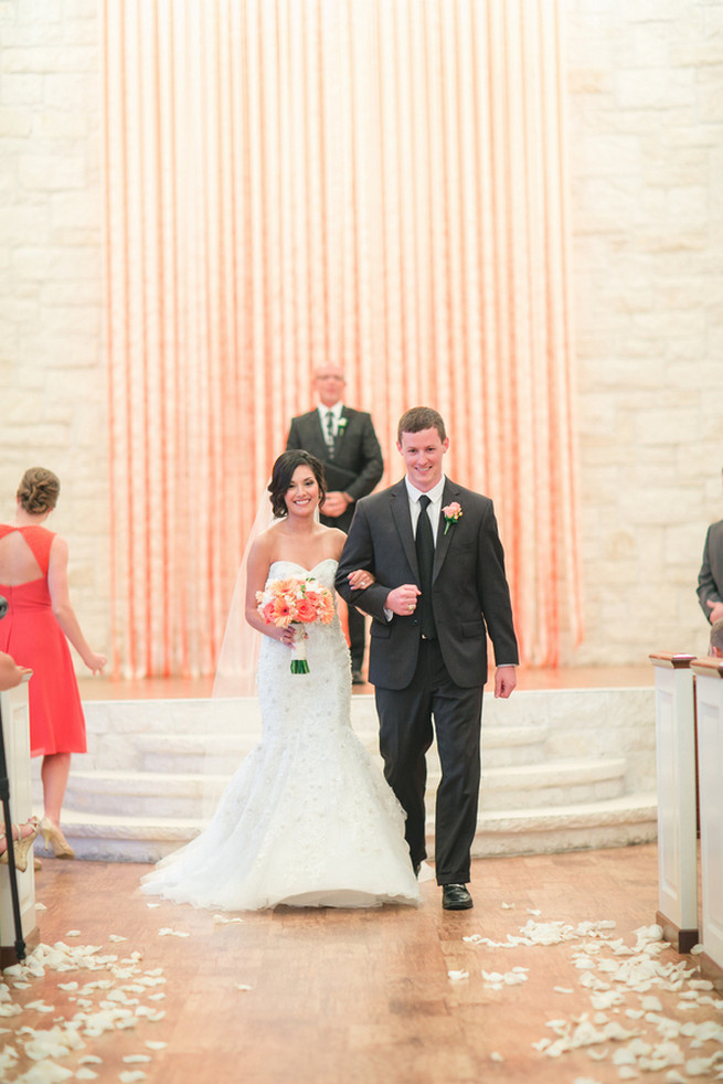 Diy ribbon ceremony backdrop. Cute Coral Gray wedding at Briscoe Manor, Houston, by Luke and Cat Photography