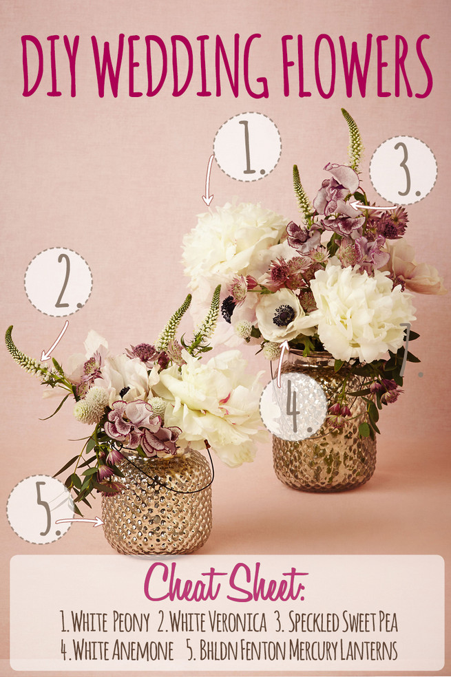 DIY Wedding Flower Centerpiece Recipe using White Peony, White Veronica, Speckled Sweet Pea, White Anemone and BHLDN Fenton Mercury Lanterns. Click for full recipe.