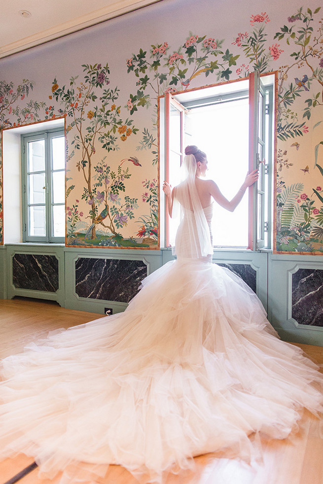  Spectacular wedding dress with seven foot train with mermaid silhouette, low back and sweetheart neckline designed by Alyssa Kristin. / Valo Photography
