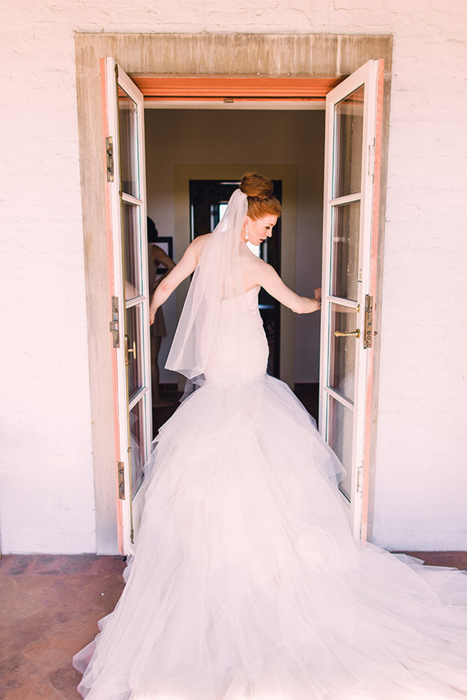  Spectacular wedding dress with seven foot train with mermaid silhouette, low back and sweetheart neckline designed by Alyssa Kristin. / Valo Photography