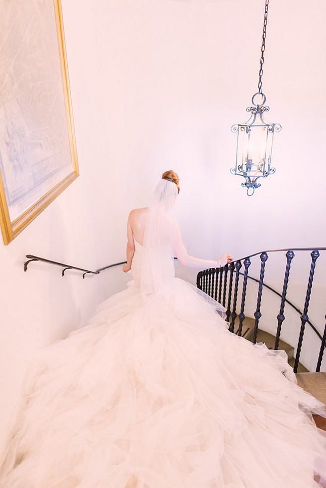  Spectacular wedding dress with seven foot train with mermaid silhouette, low back and sweetheart neckline designed by Alyssa Kristin. / Valo Photography