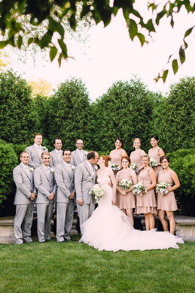 Blush bridesmaids and grey groomsmen attire. Elegant Milwaukee Wedding Valo Photography