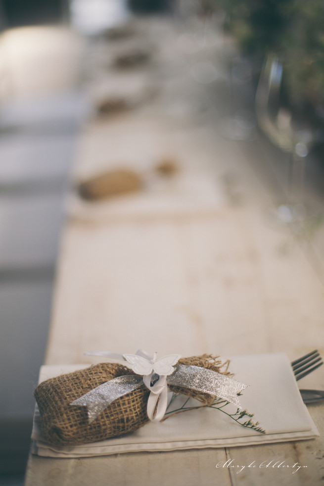 Rustic place setting with burlap and lavender. Grey White Farm Wedding, South Africa // Maryke Albertyn