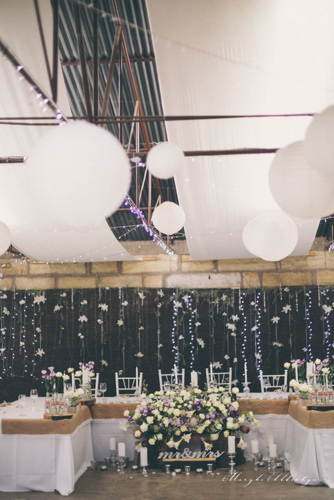 Barn wedding with fairy lights and paper lanterns. Grey White Farm Wedding, South Africa // Maryke Albertyn