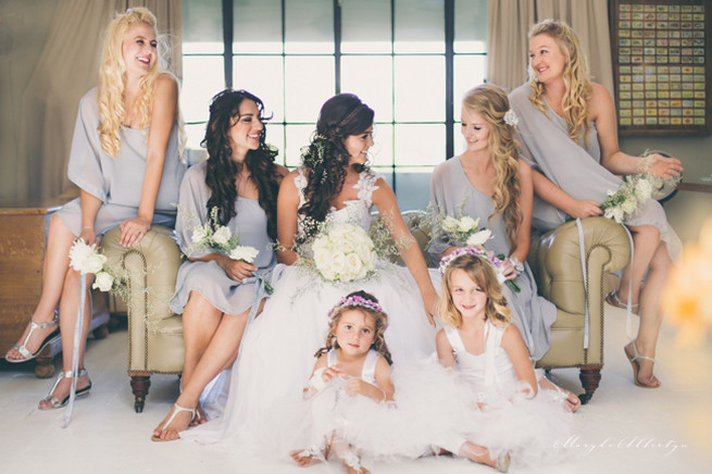 Off the shoulder grey bridesmaid dresses with simply but pretty white bouquets. Grey White Farm Wedding, South Africa // Maryke Albertyn