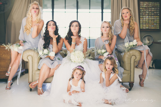 Off the shoulder grey bridesmaid dresses with simply but pretty white bouquets. Grey White Farm Wedding, South Africa // Maryke Albertyn