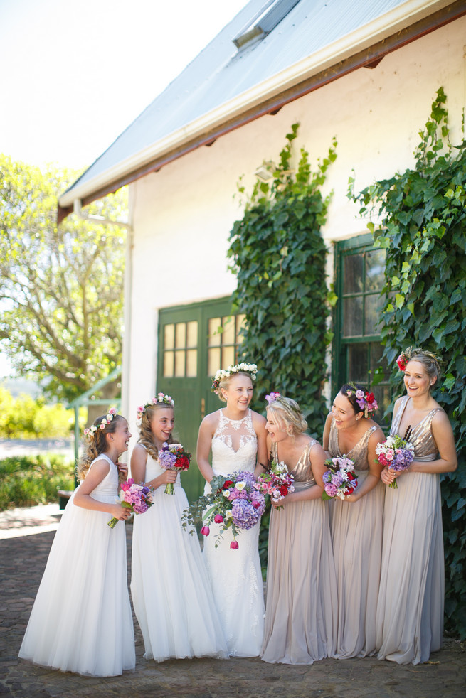 Purple hydrangea, pink, red and white tulips, pink roses and eucalyptus bridal bouquet. Pink, purple and green Natte Valleij Stellenbosch Wedding by Adene Photography