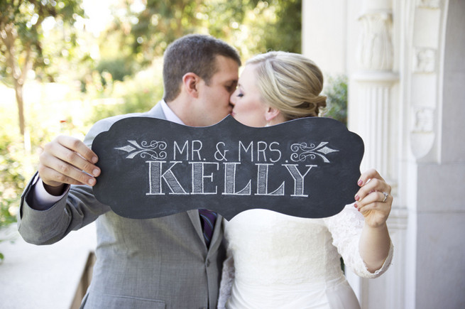 MRS and MRS chalkboard wedding sign just married photo. Cream hydrangea, purple chrysanthemums, lambs ear. Purple and Gray DIY Wedding / Peterson Photography 