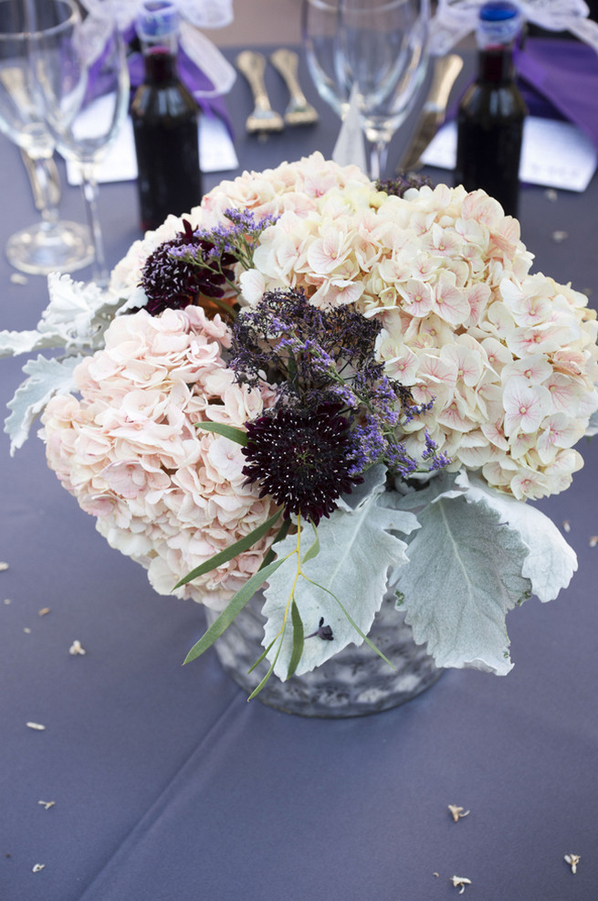 Cream hydrangea, purple chrysanthemums, lambs ear. Purple and Gray DIY Wedding / Peterson Photography 