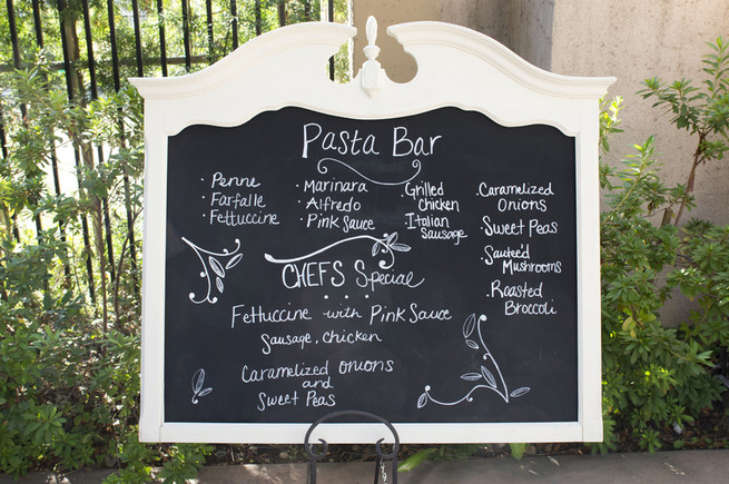 Wedding Pasta Bar! DIY chalkboard sign for a wedding reception. Purple and Gray DIY Wedding / Peterson Photography 