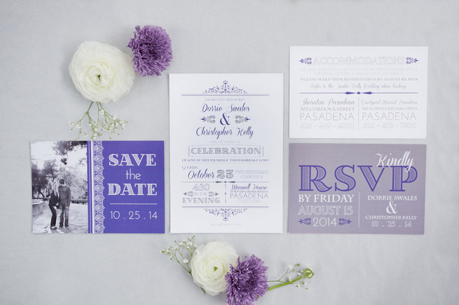 Beautiful purple, lavender and white wedding invitations and save the dates