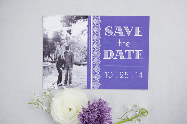 Beautiful purple, lavender and white wedding invitations and save the dates