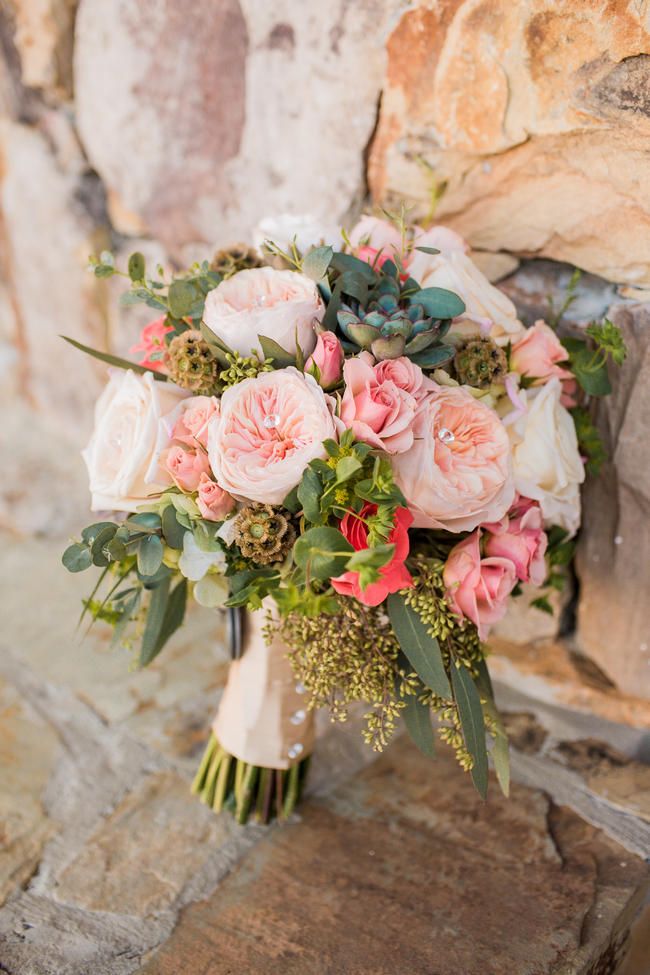 Top Ten Rustic Wedding Bouquet Recipes: Blush garden roses, succulents, eucalyptus, cream roses. // Meet The Burks Photo
