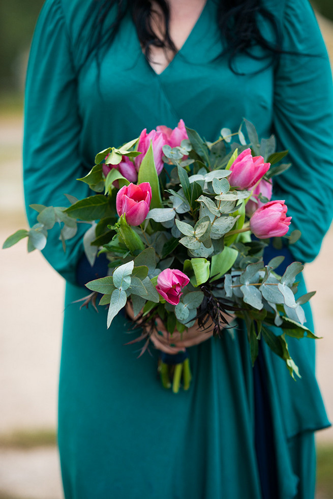 Green and pink bridesmaid bouquet. Woodlands Winter Wedding in deep blue, burgundy and emerald green // Knit Together Photography