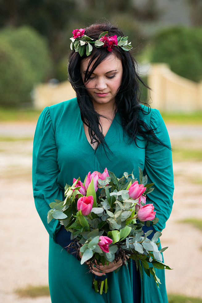 Green and pink bridesmaid bouquet. Woodlands Winter Wedding in deep blue, burgundy and emerald green // Knit Together Photography
