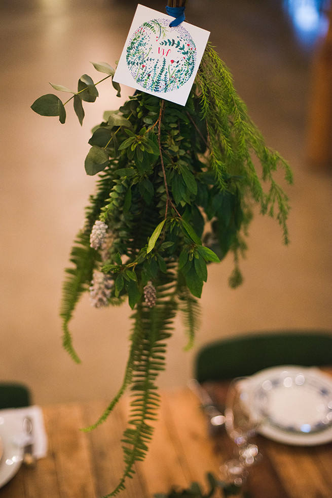 How to use natural greenery in decor bring the outdoors indoors for a woodlands Winter Wedding in deep blue, burgundy and emerald green // Knit Together Photography