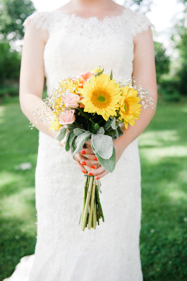 Sunflower wedding bouquet.  Coral Navy Mustard Wedding / Meredith McKee Photography