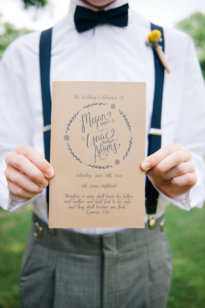 Rustic wedding program. Coral Navy Mustard Wedding / Meredith McKee Photography