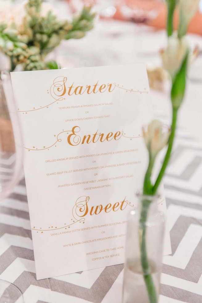 Gold and white wedding menu // Langkloof Roses Wedding, Cape Town - Claire Thomson Photography