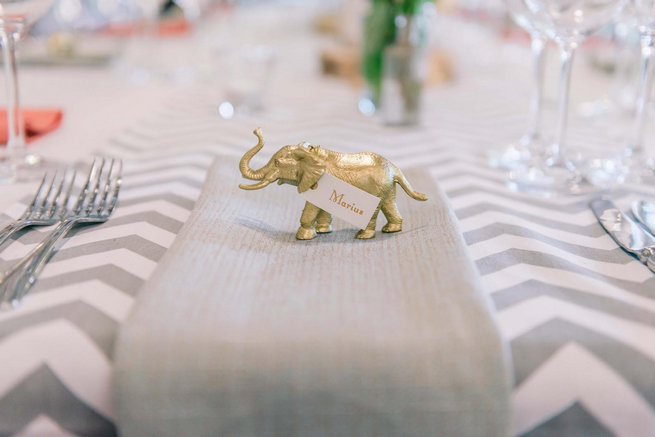 DIY gold painted animal escort cards / Claire Thomson Photography