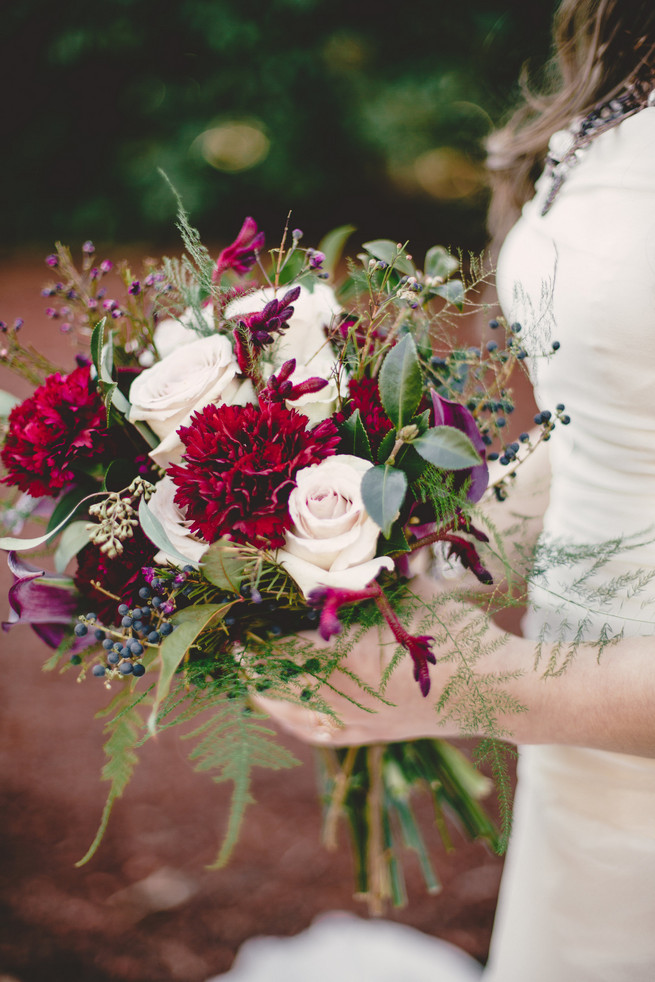 Red carnation, cream rose, fern and berry Marsala bouquet  - RedboatPhotography.net