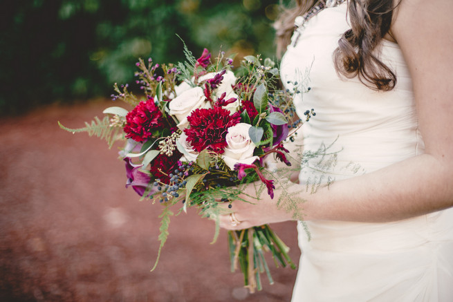 Winter Bride Bouquet: Red carnation, cream rose, fern and berry Marsala bouquet  - RedboatPhotography.net