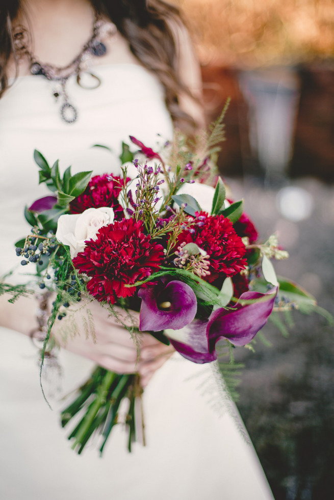 Marsala Winter Wedding: Red carnation, cream rose, fern and berry Marsala bouquet  - RedboatPhotography.net