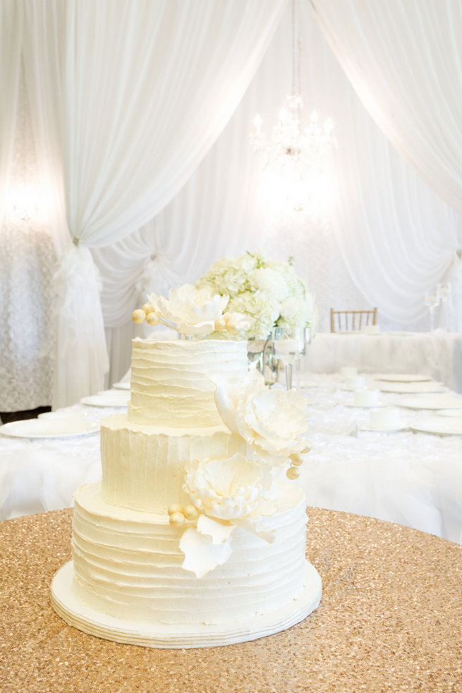 White wedding cake with white peony flowers - Vintage-Inspired White Glamorous Wedding Wedding - Haley Photography