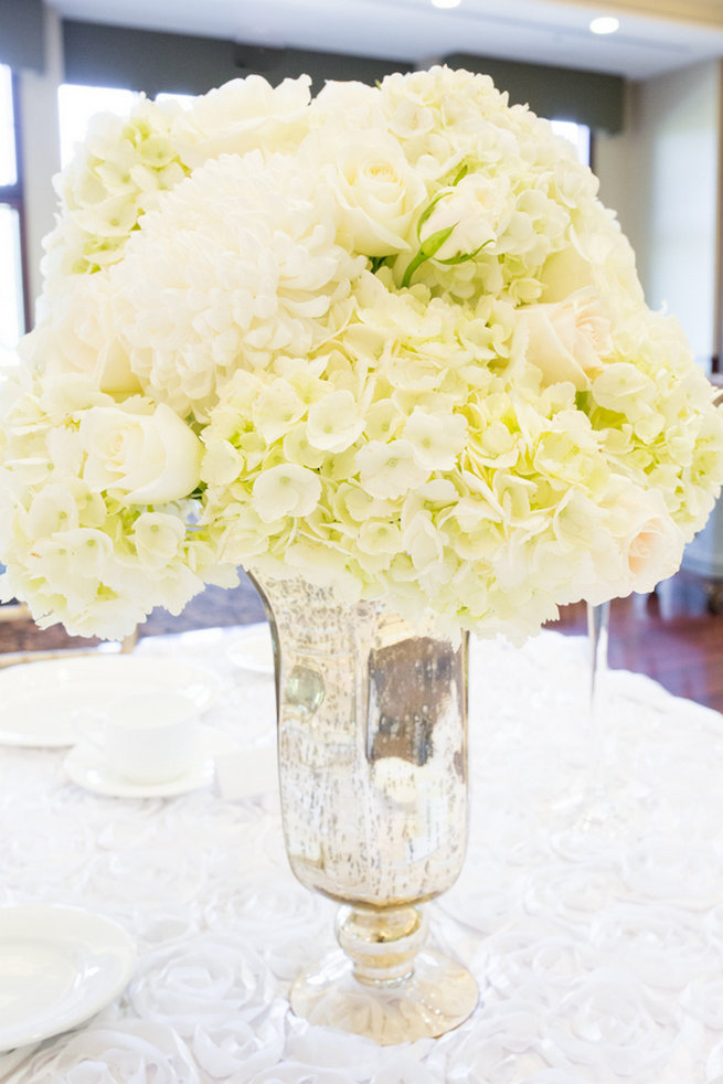 Hydrangea in mercury glass vase - Vintage-Inspired White Glamorous Wedding Wedding - Haley Photography