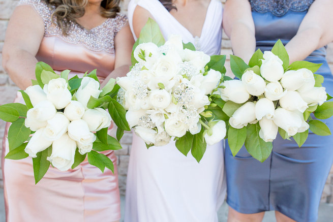 White bride and bridesmaids bouquets - Vintage-Inspired White Glamorous Wedding Wedding - Haley Photography
