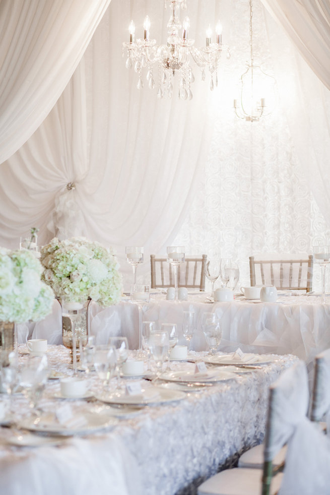 White roses and hydrangea centerpieces - Vintage-Inspired White Glamorous Wedding Wedding - Haley Photography