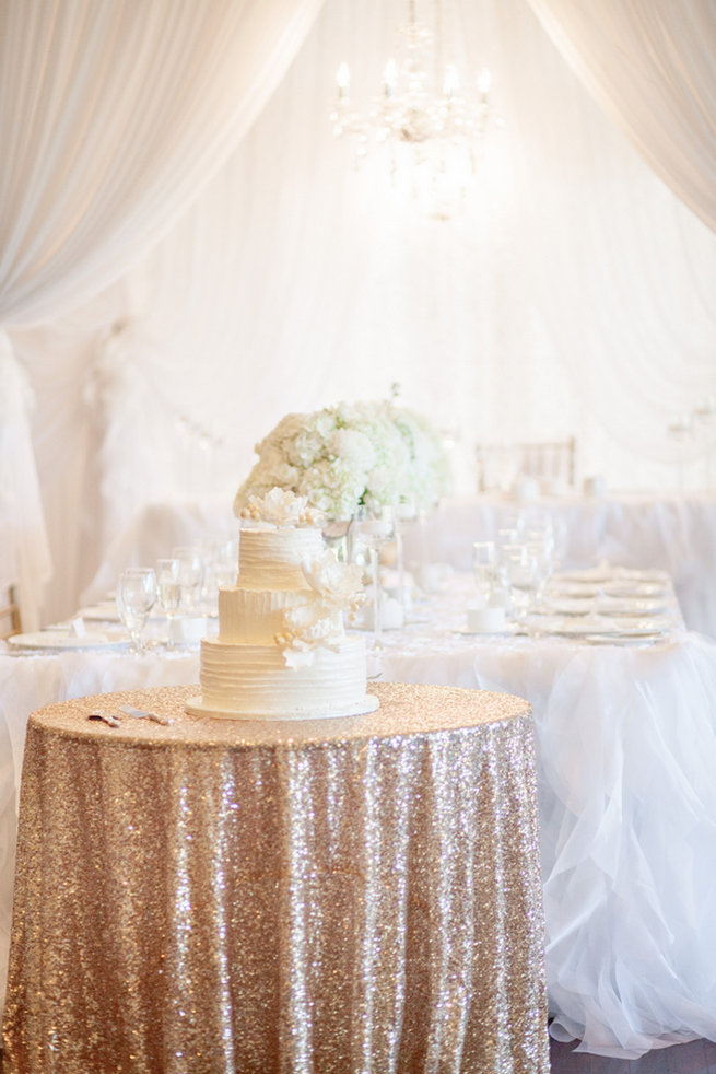 Blush glitter tablecloth and white wedding cake - Vintage-Inspired White Glamorous Wedding Wedding - Haley Photography
