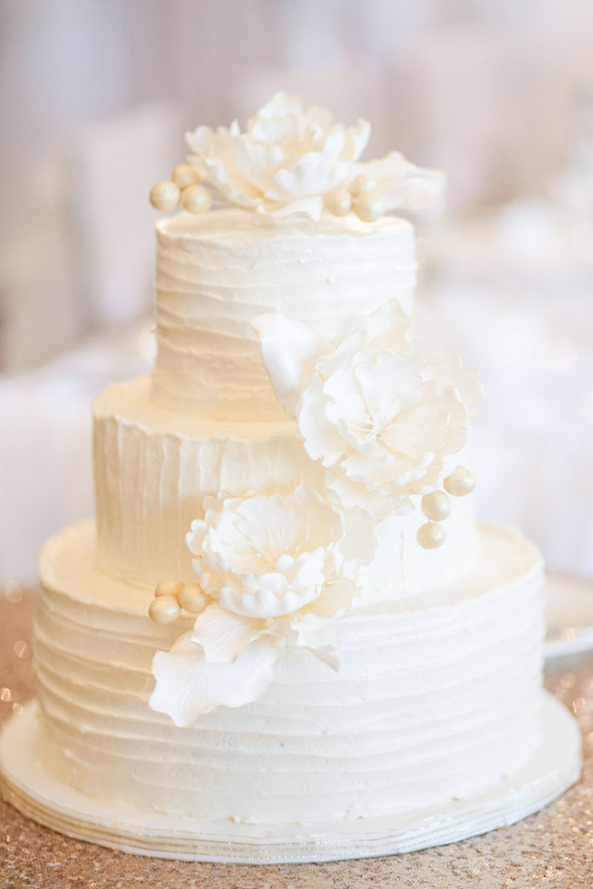 White wedding cake with white peony flowers - Vintage-Inspired White Glamorous Wedding Wedding - Haley Photography