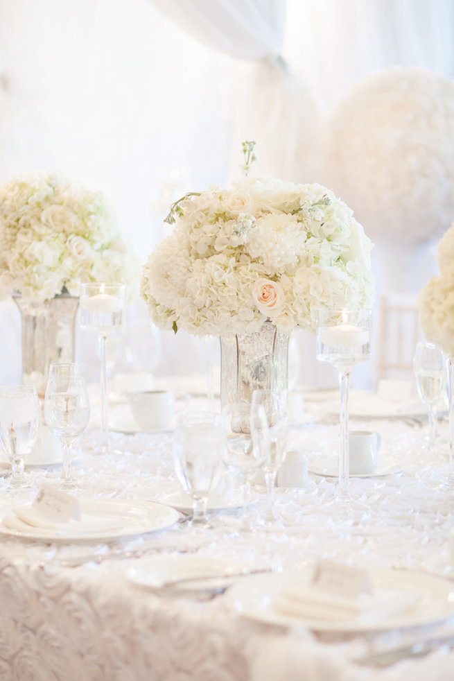White roses and hydrangea centerpieces - Vintage-Inspired White Glamorous Wedding Wedding - Haley Photography