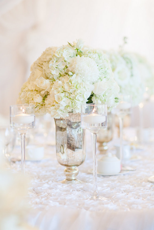 White roses and hydrangea centerpieces - Vintage-Inspired White Glamorous Wedding Wedding - Haley Photography