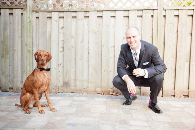 Groom with pet dog - Vintage-Inspired White Glamorous Wedding Wedding - Haley Photography