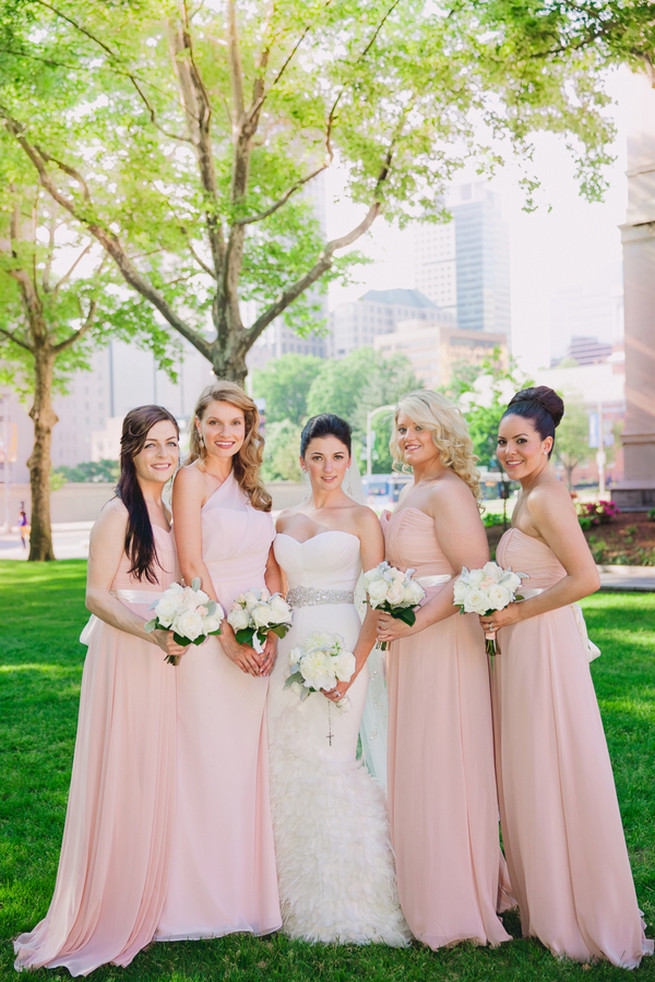 Blush pink bridesmaid dresses with white bouquets - Lindsey K Photography