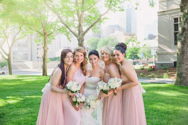 Blush pink bridesmaid dresses with white bouquets - Lindsey K Photography